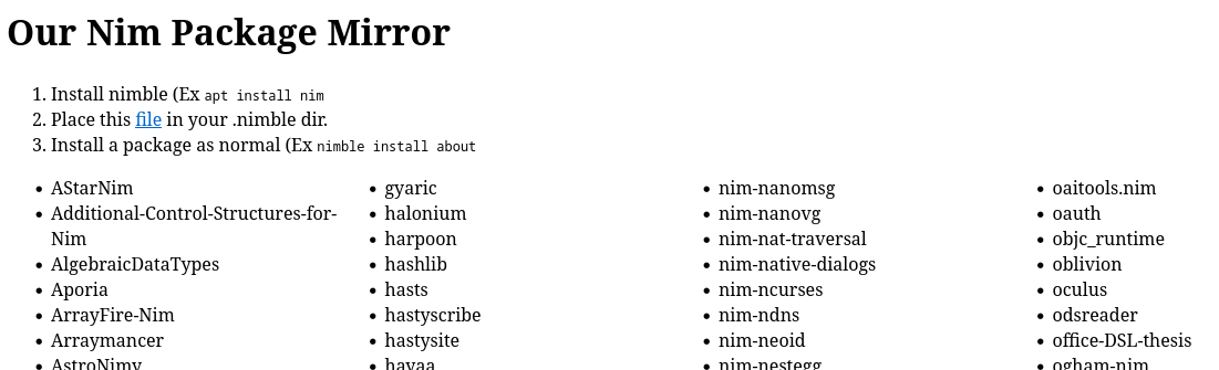 Instruction on how to use the nim package server and a list of the available packages